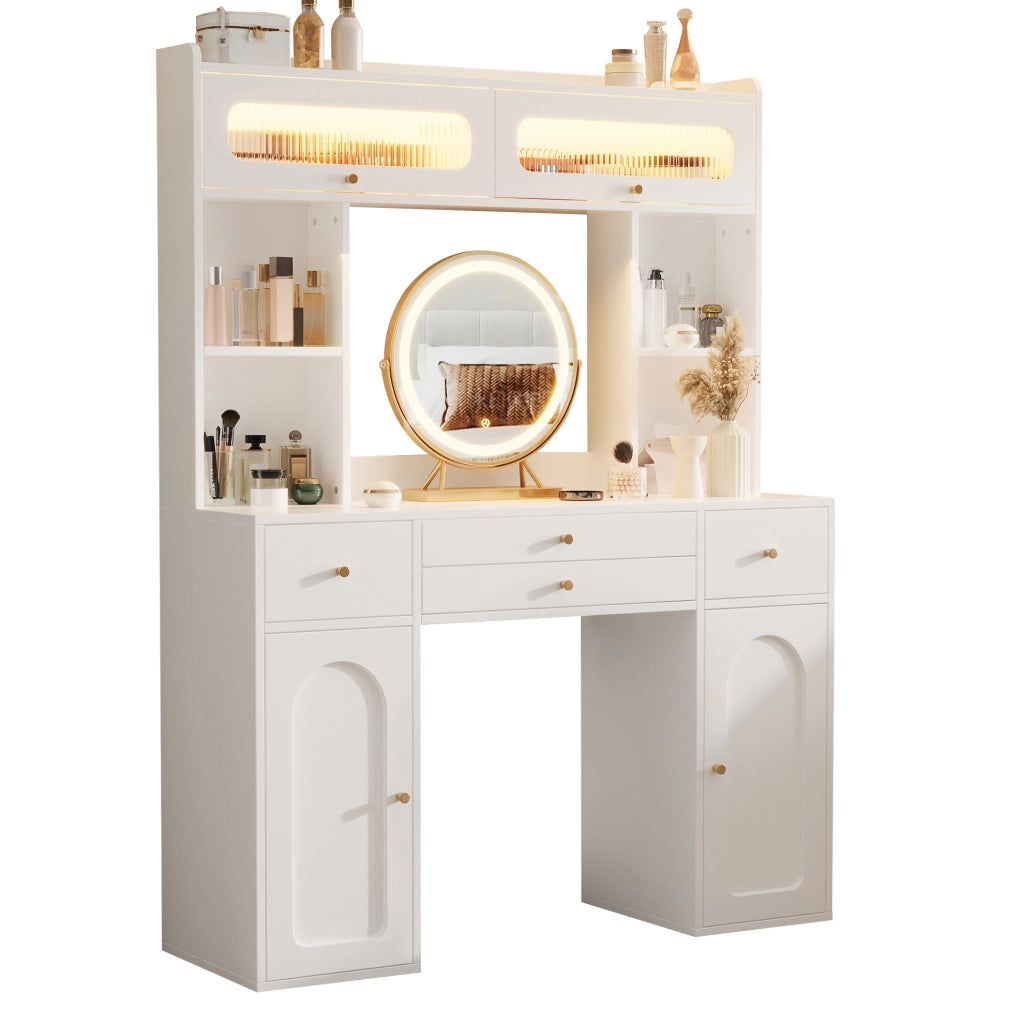 Toeletta con specchio LED e vani portaoggetti, bianca, 120×40×160 cm