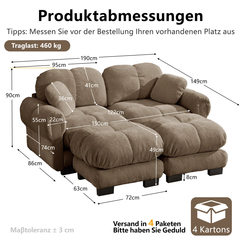 Divano modulare in ciniglia con cuscini trapuntati e seduta spessa, con pouf mobile marrone 190 × 149 × 90 cm