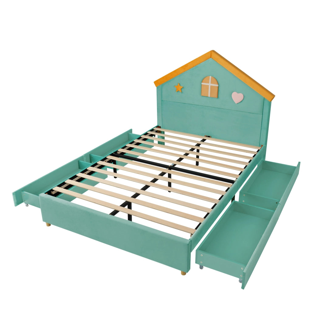Letto imbottito per bambini a casetta 140x200 cm con 4 cassetti; velluto francese blu-verde