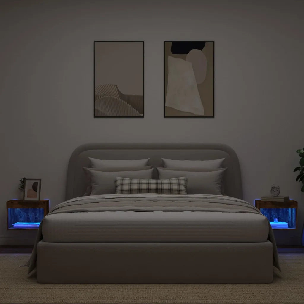 Comodini con Luci LED a Parete 2pz Rovere Fumo