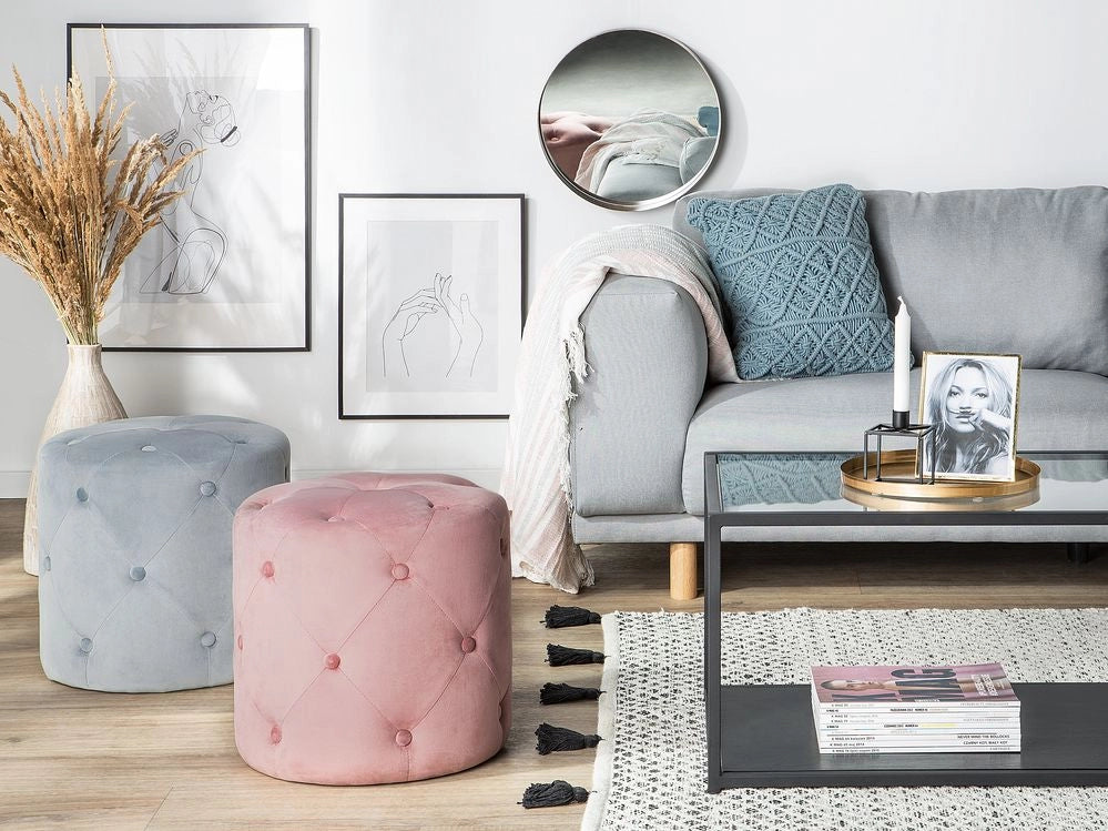 Pouf ottomana rotondo trapuntato grigio chiaro Pouf trapuntato Chesterfield
