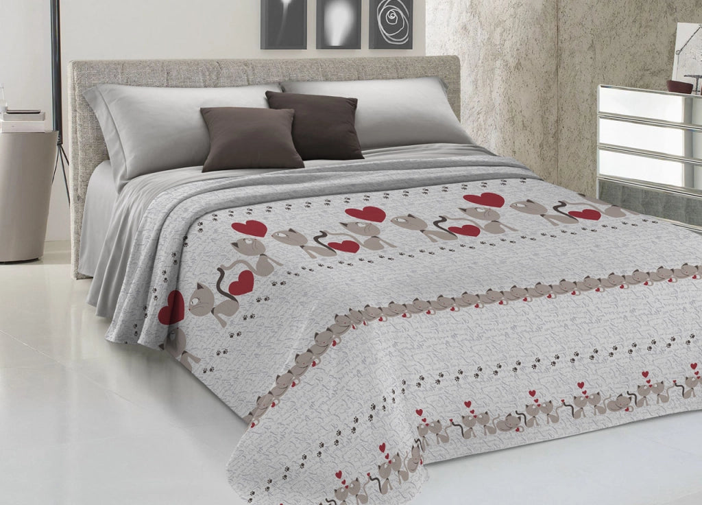Copriletto Piquet Primavera Estate 100% Cotone Disegno Gattini Cuori - Singolo - Beige
