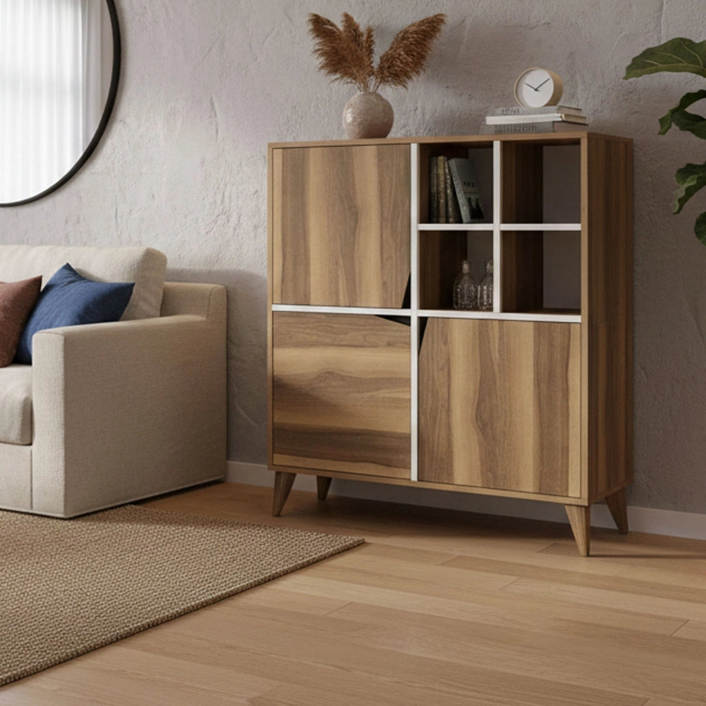 Credenza Barasso, Buffet da soggiorno, Madia da salotto, Dispensa da cucina, 100x30h115 cm, Noce e Bianco