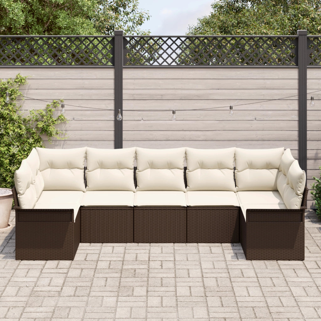 Set Divano da Giardino 7 Pezzi con Cuscini Marrone Polyrattan