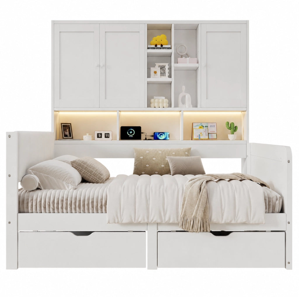 Letto 90x200 cm con LED, USB e USB-C, cassetti e vani in MDF bianco