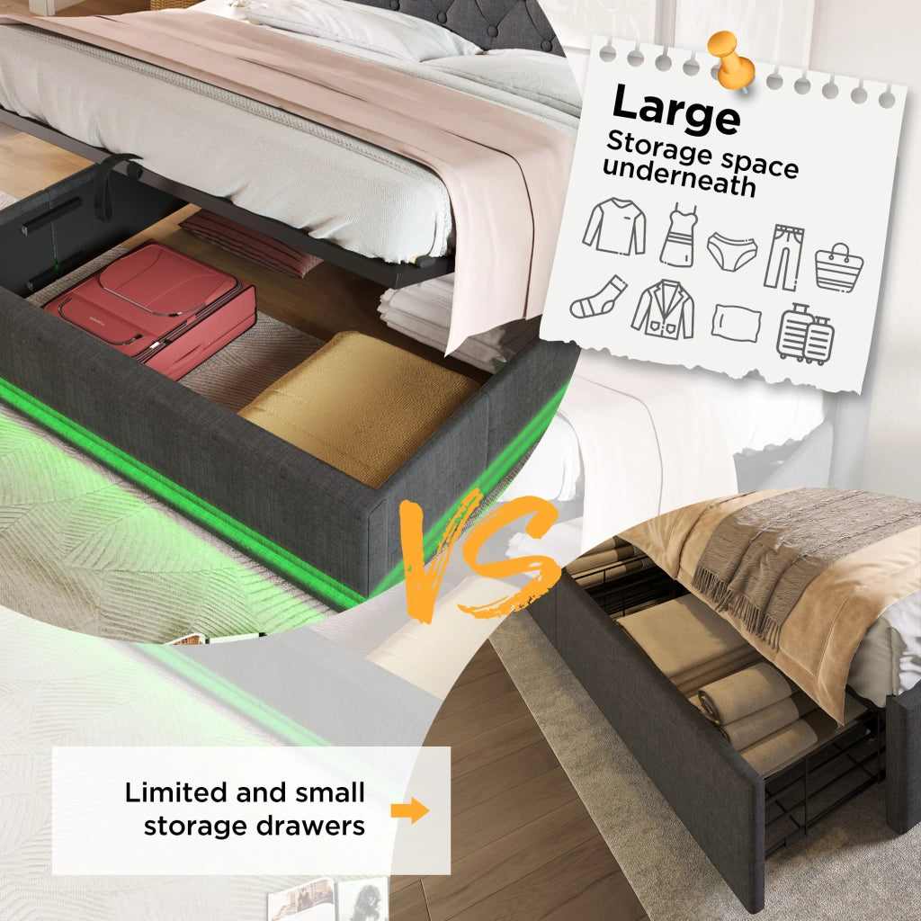 LETTO Imbottito 140x190 cm Grigio in lino con LED, USB e Type-C
