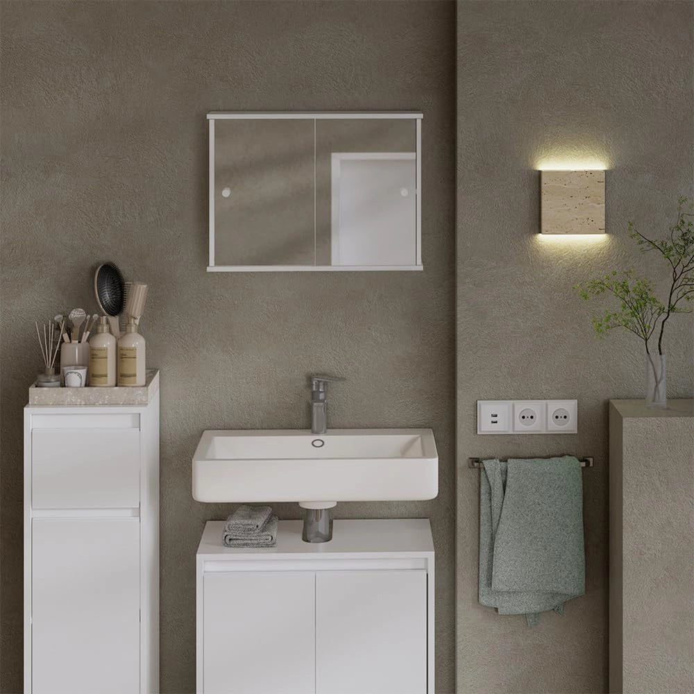 Mobile a specchio per il bagno Mireo, Bianco, 55 x 40 cm con 2 porte scorrevoli, per montaggio a parete con ripiani aperti