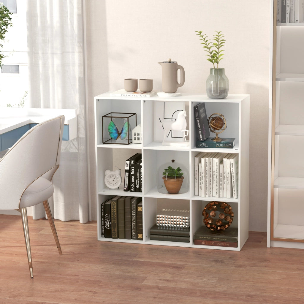 Libreria Bianca per Casa e Ufficio, Scaffale dal Design Moderno con 9 Scomparti in Legno, 91.5 x 29.5 x 91.5 cm