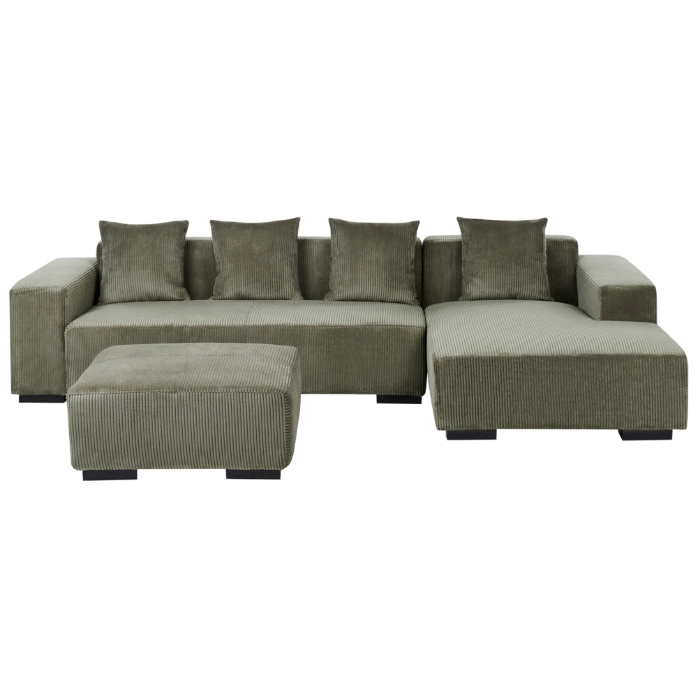 Divano angolare a L con cuscini 4 posti in velluto a coste verde con ottomana versione a sinistra stile elegante moderno