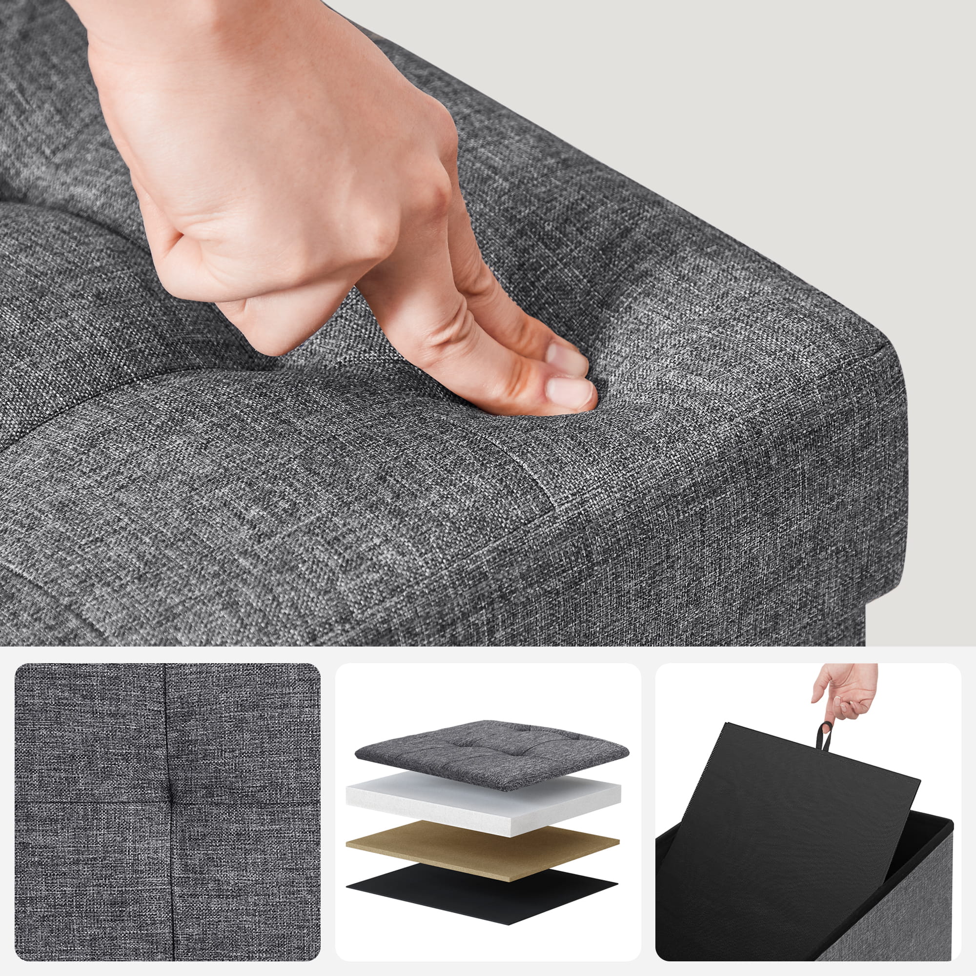 Pouf contenitore Valora PUFA in tessuto MDF grigio scuro salvaspazio
