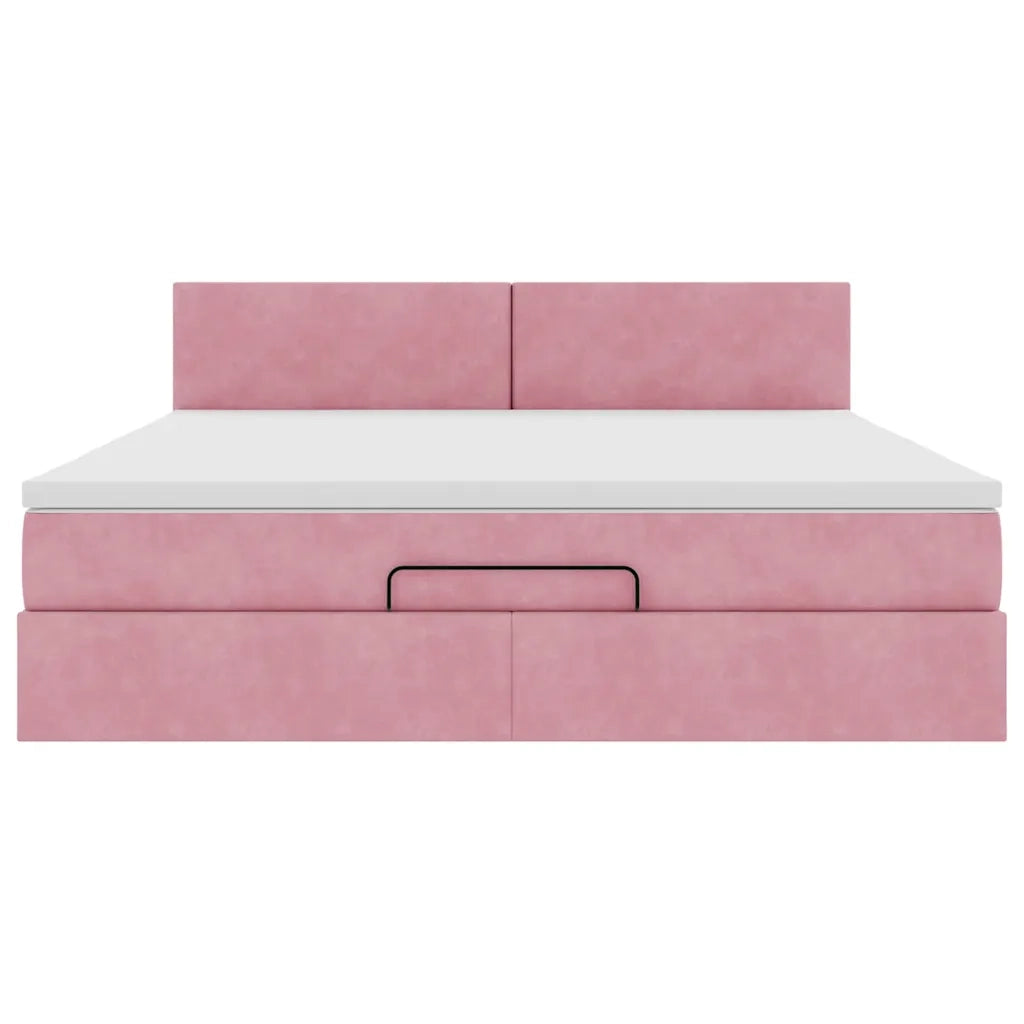 Struttura Letto Pouf con Materasso Rosa 160x200 cm in Velluto