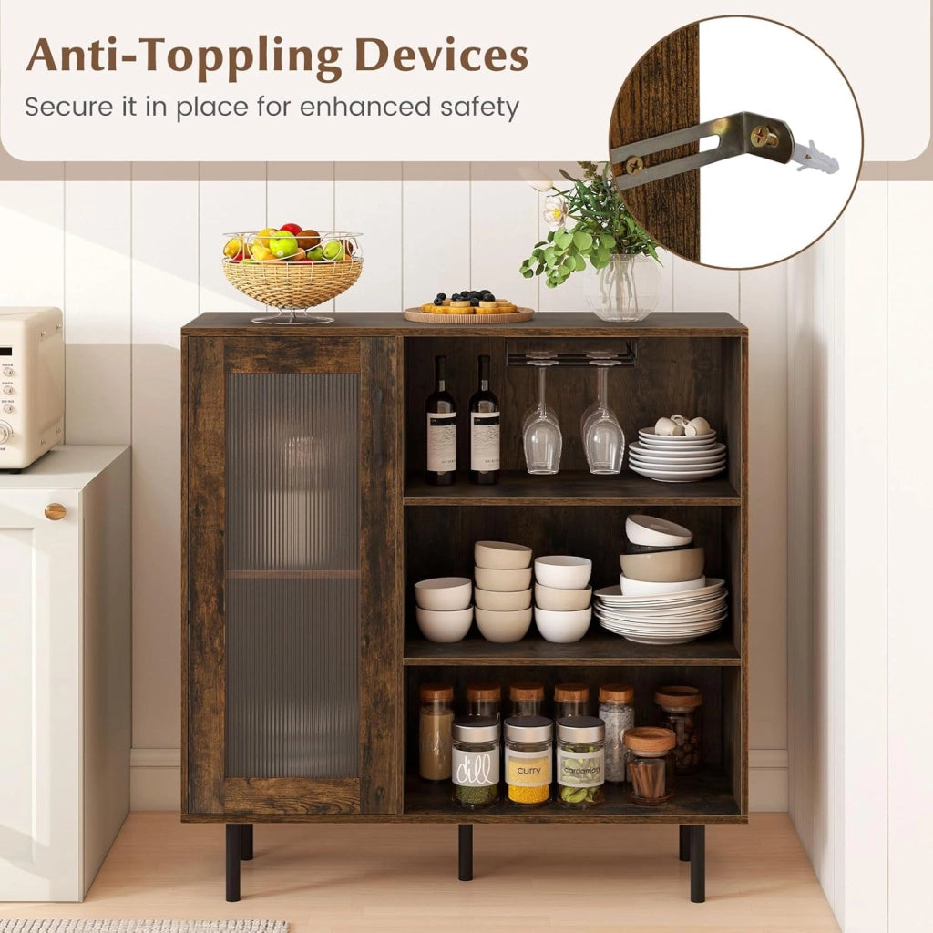 Armadio per Vini, Mobile di Stoccaggio con 3 Scomparti Aperti, Porta Bicchieri da Vino, Ripiano Regolabile, Porta Singola, Gambe in Metallo, Credenza per Cucina, Sala da Pranzo