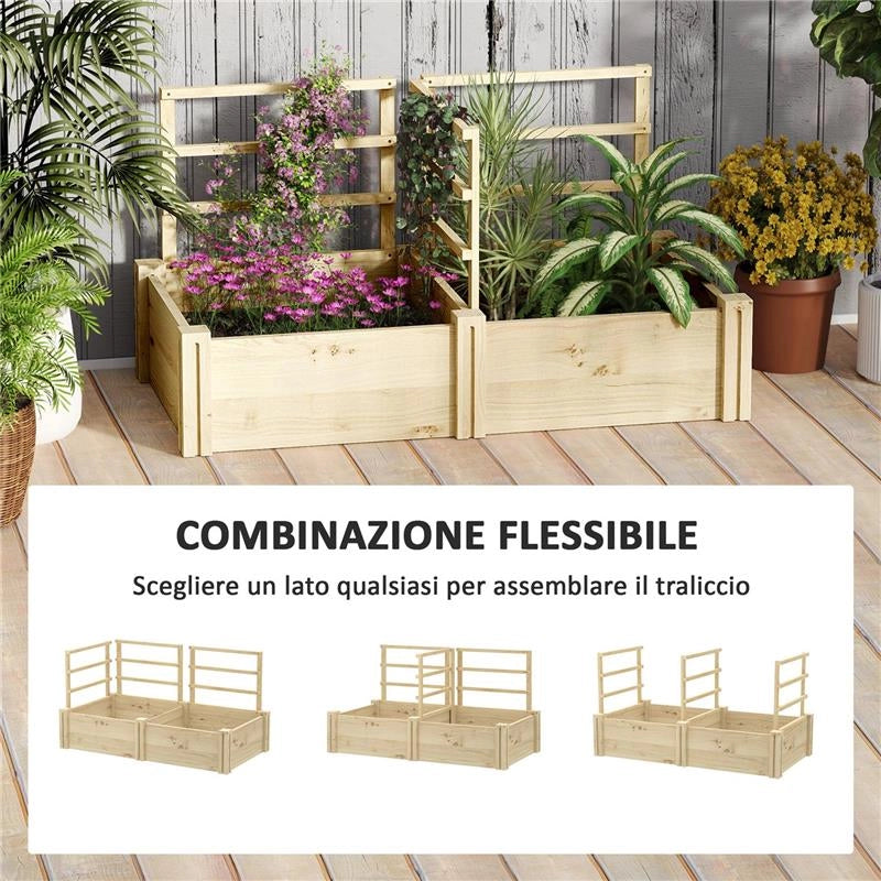 LETTO PER ORTO CON 3 TRALICCI E 2 FIORIERE IN LEGNO DI ABETE CON FONDO APERTO 119X62.5X64 CM COLOR LEGNO