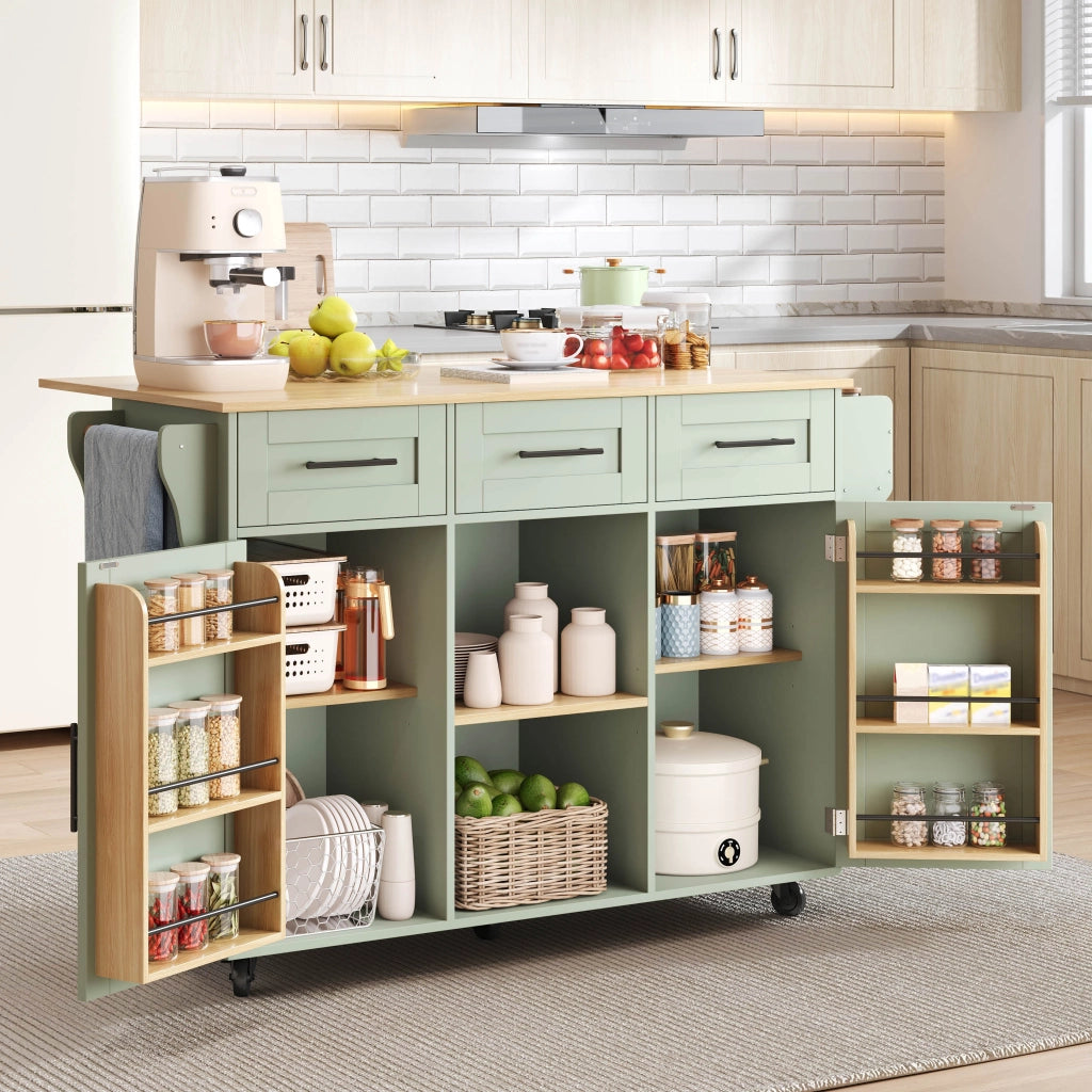 Carrello da cucina con 3 cassetti e 3 vani; piano pieghevole e porta asciugamani; per cucina; verde antico
