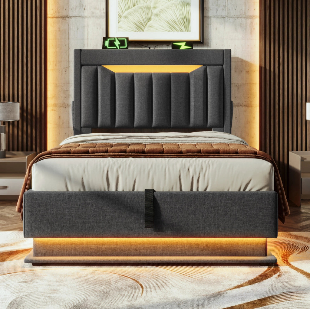 Letto singolo imbottito 90x200 cm con contenitore; LED; USB e Type-C; grigio