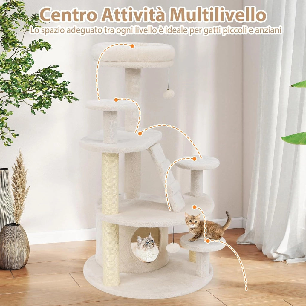 Albero per Gatti Adulti, Torre per Gatti Alta 101 cm con Condominio, Piattaforma Imbottita, Tiragraffi, Pallina di Peluche Pendente e Scala, Albero Tiragraffi in Legno per Interno (Bianco)
