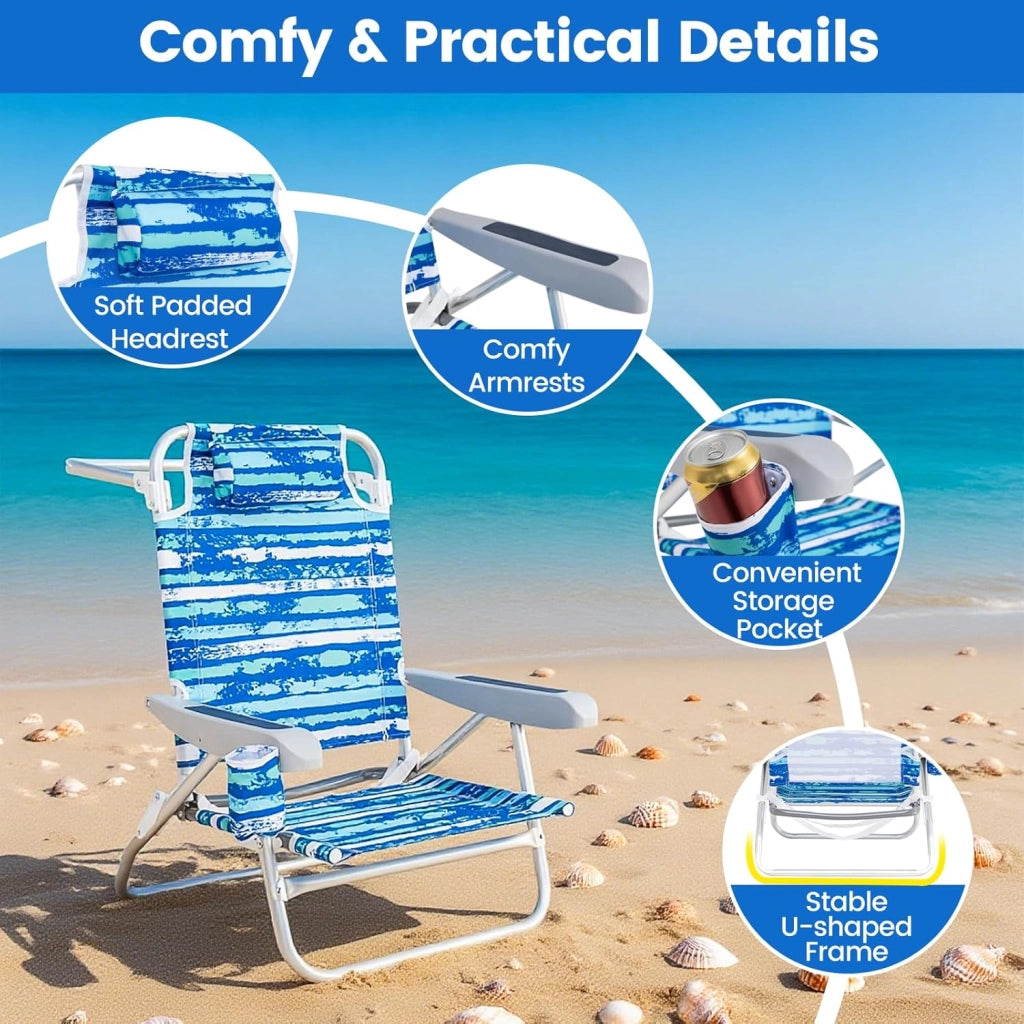 Set di 2 Sedie da Spiaggia Pieghevoli, Spiaggina con Schienale Regolabile in 5 Posizioni, Sdraio Mare con Portabicchieri e Portaasciugamani, Lettino Prendisole per Campeggio, Picnic (Blu)