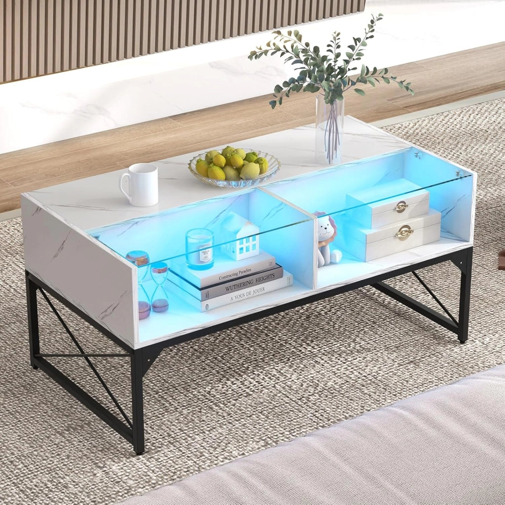 COSTWAY Tavolino da Salotto, Tavolino da Caffè da in Vetro e Legno con Luce LED Multicolore Regolabile a Telecomando e Ripiani, Tavolino per Soggiorno e Ufficio, 105 x 55 x 50 cm (Bianco)