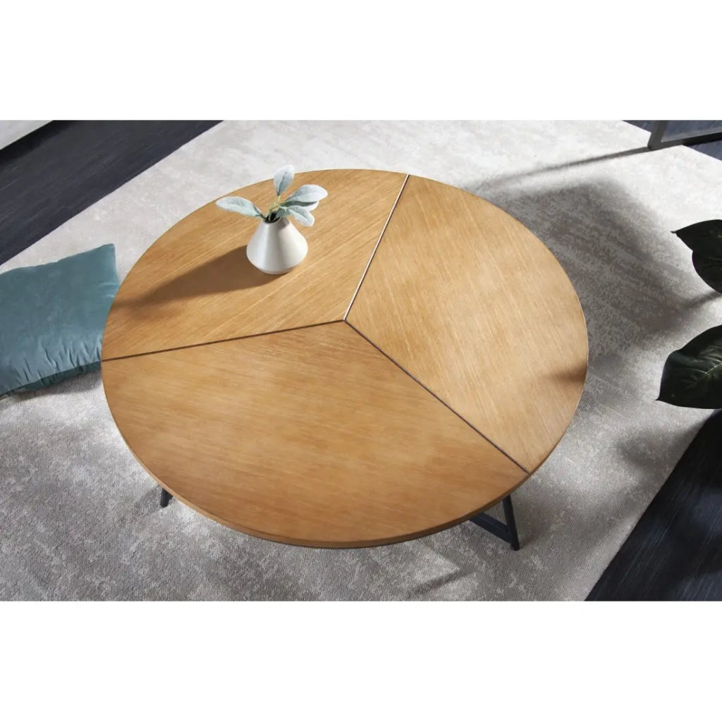 Tavolino basso rotondo ZENTOR 80 cm in legno massiccio e metallo nero stile industriale