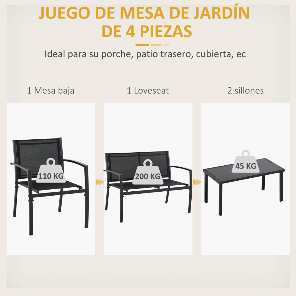 Set Giardino 4 Pezzi con Divano 2 Posti, 2 Poltrone e Tavolino ¨C Zephmum ¨C Nero