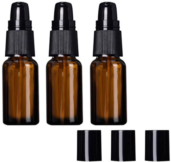 Lotion con Pomp per Flaconi 3 Pezzi - 30ml/1oz - Vetro Amber - Dispensatore Leggero e Riscaldabile - Cappuccio Nero - Protezione UV - Flaconi per Cosmetici