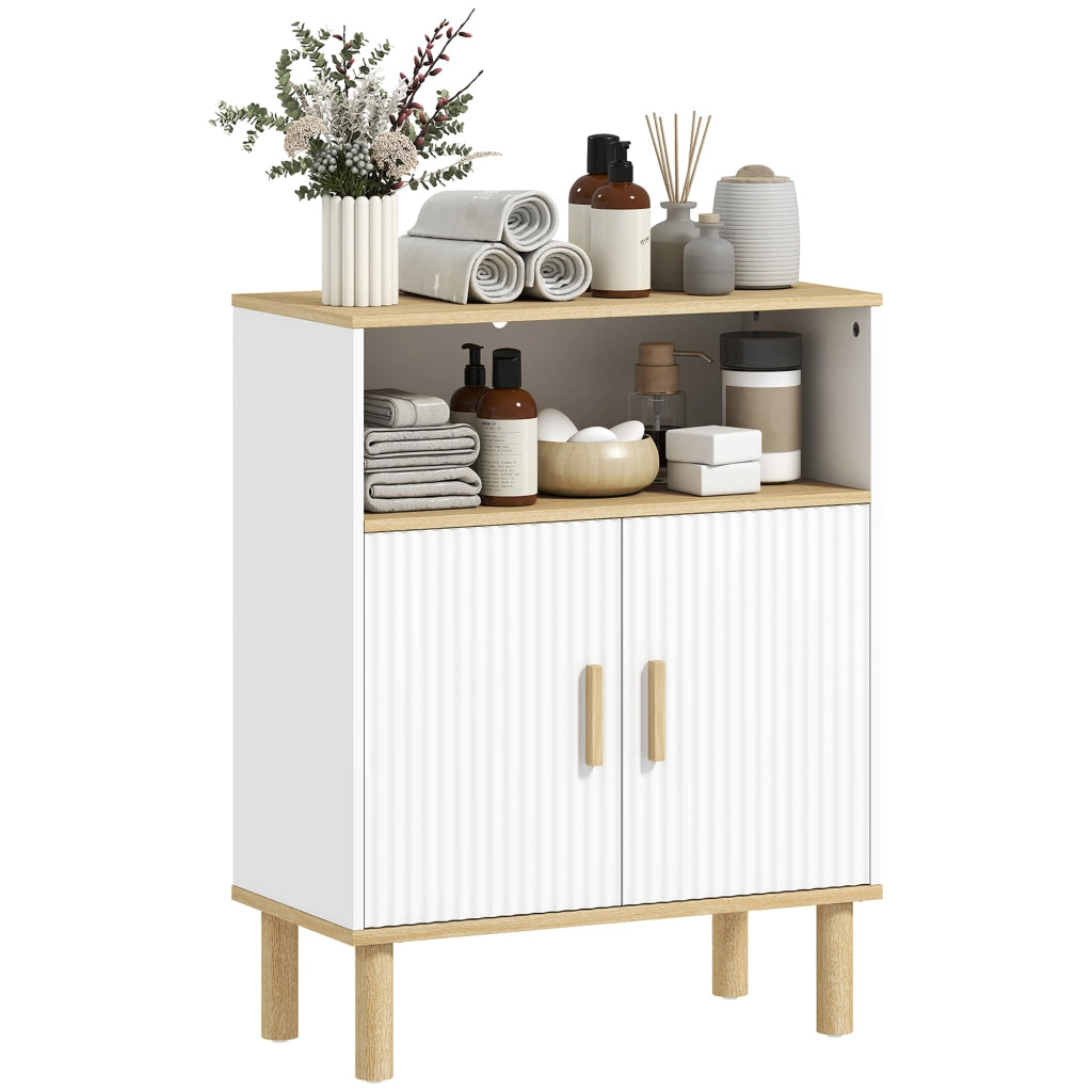 Mobile Bagno Autoportante con Ripiano Regolabile, Bianco e Legno Naturale