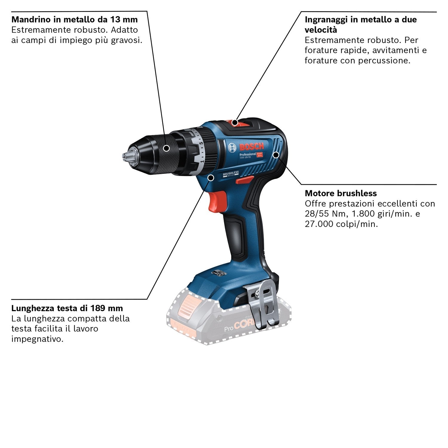 TRAPANO AVVITATORE CON PERCUSSIONE BOSCH 18V 55nm solo corpo GSB 18V-55