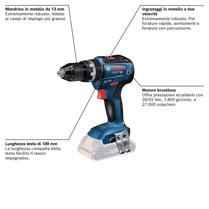 TRAPANO AVVITATORE CON PERCUSSIONE BOSCH 18V 55nm solo corpo GSB 18V-55