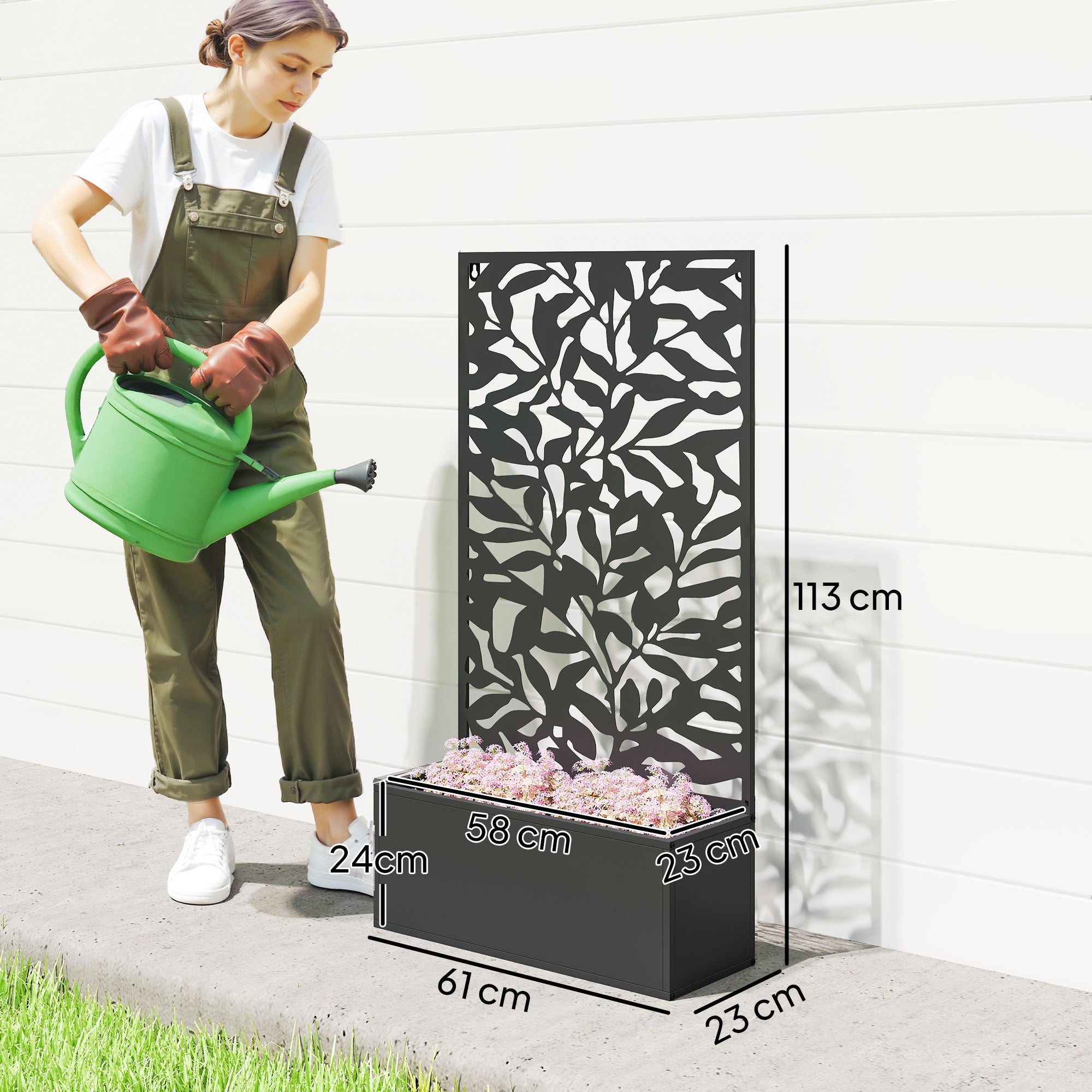 Fioriera con Spallier 61x23x113 cma per Rampicanti Montaggio a Parete o a Terra in Acciaio Nero