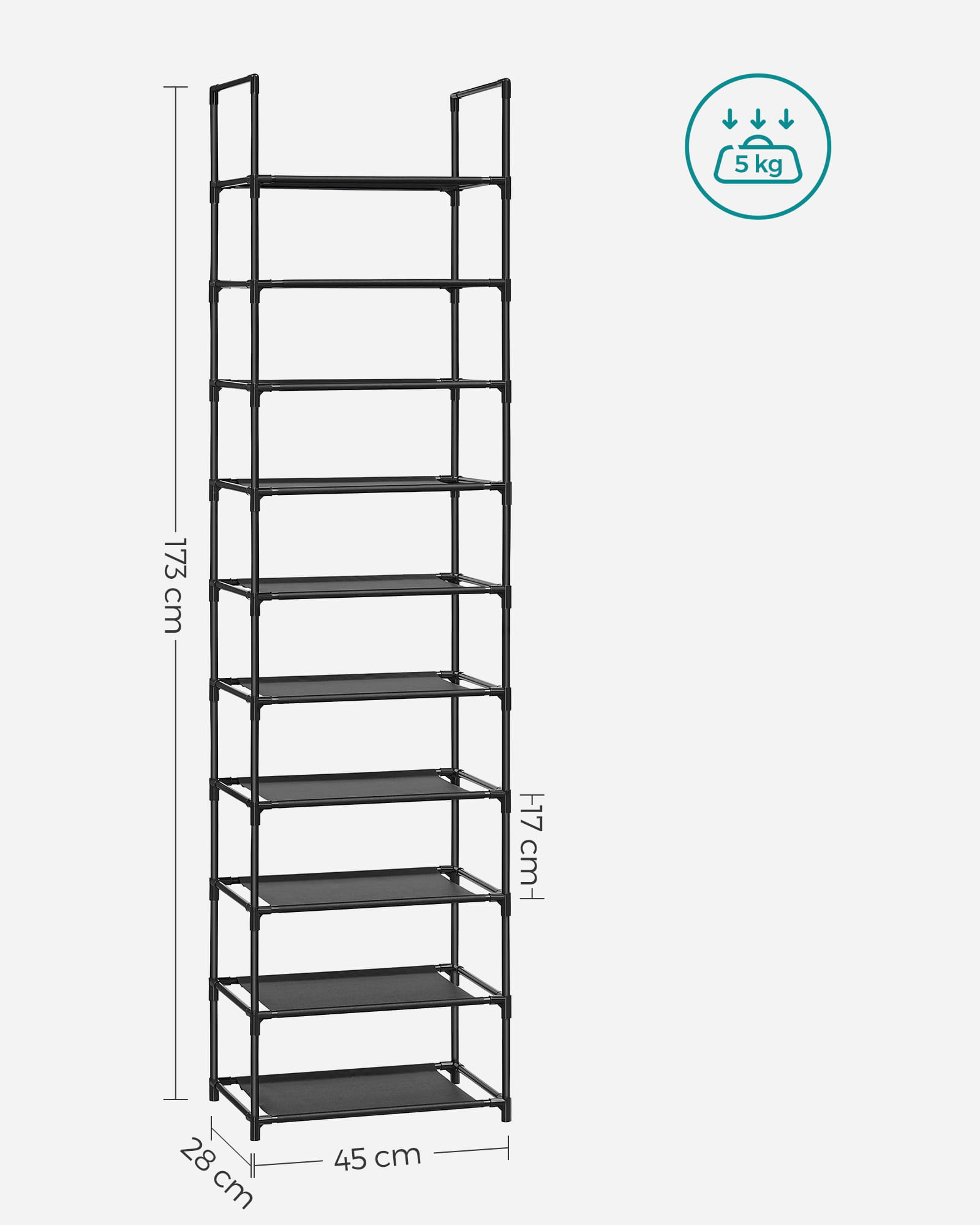 Scarpiera Valora nera in stile loft con 10 ripiani