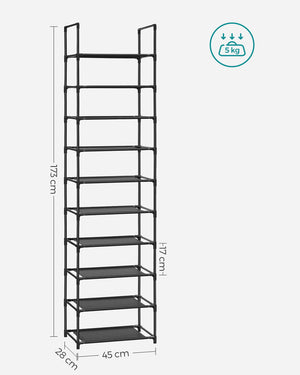 Scarpiera Valora nera in stile loft con 10 ripiani
