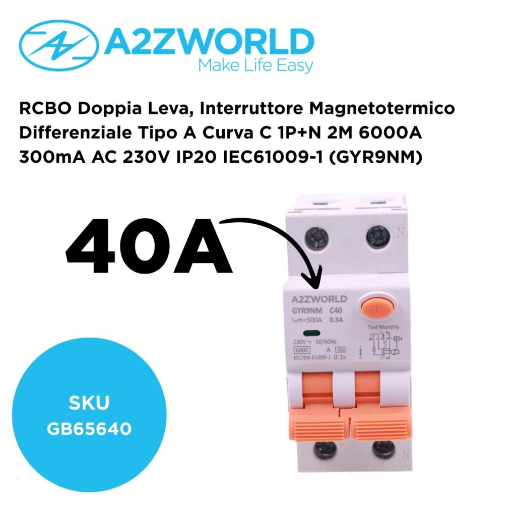 RCBO Doppia Leva, Interruttore Magnetotermico Differenziale Tipo A Curva C 1P+N 2M 6000A 300mA AC 230V IP20 IEC61009-1 GYR9NM, Disponibili 40A 50A 63A (C40A)