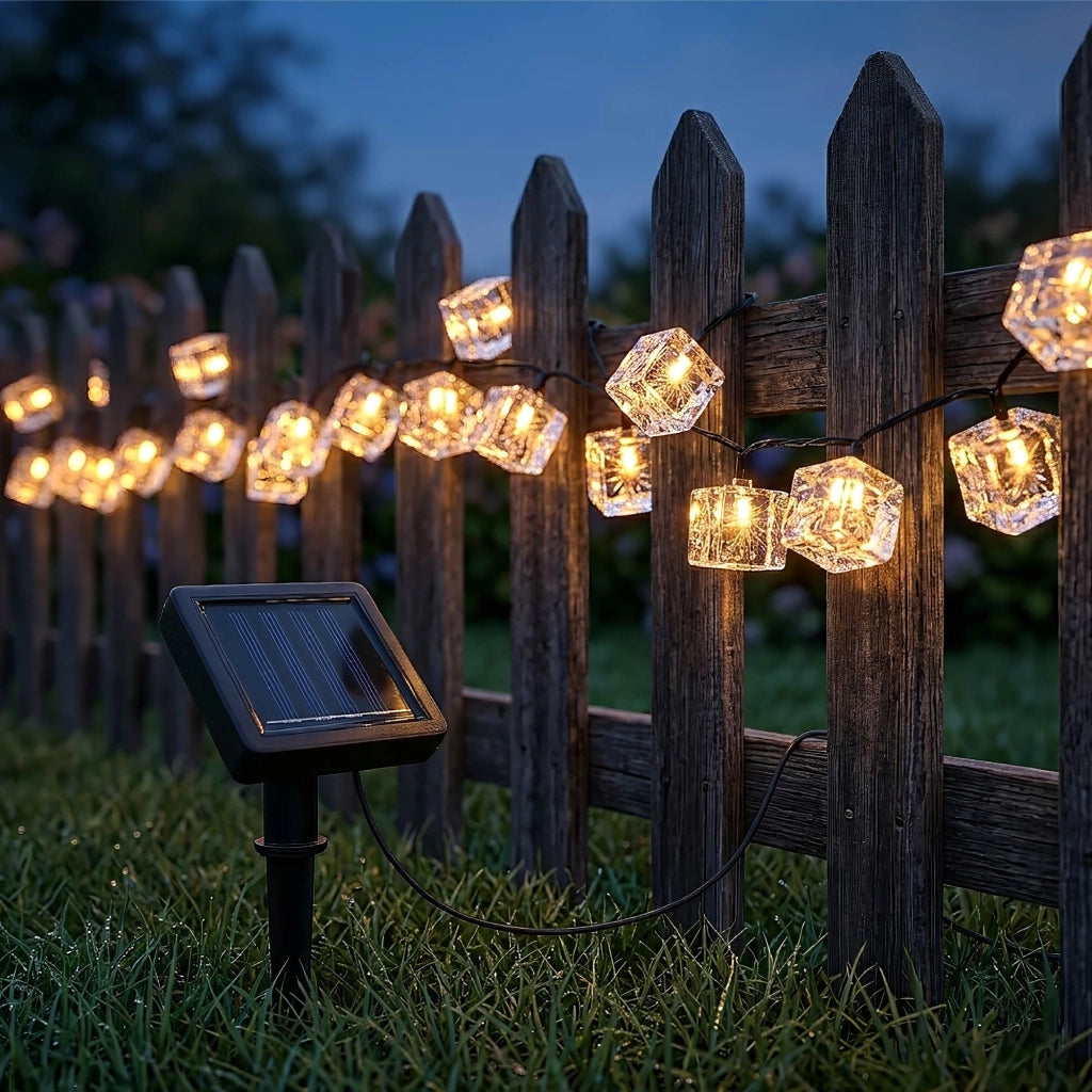 Ghirlanda Luminosa Solare LED 4,8 m con 20 Cubetti Effetto Ghiaccio, Luce Calda, IP65 Impermeabile, Pannello Solare con Picchetto, Luci da Esterno per Giardino Terrazzo Balcone