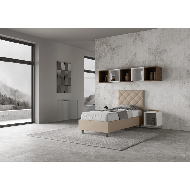 Letto imbottito Singolo 80x190 cm Priya - Similpelle,Tortora,Con rete