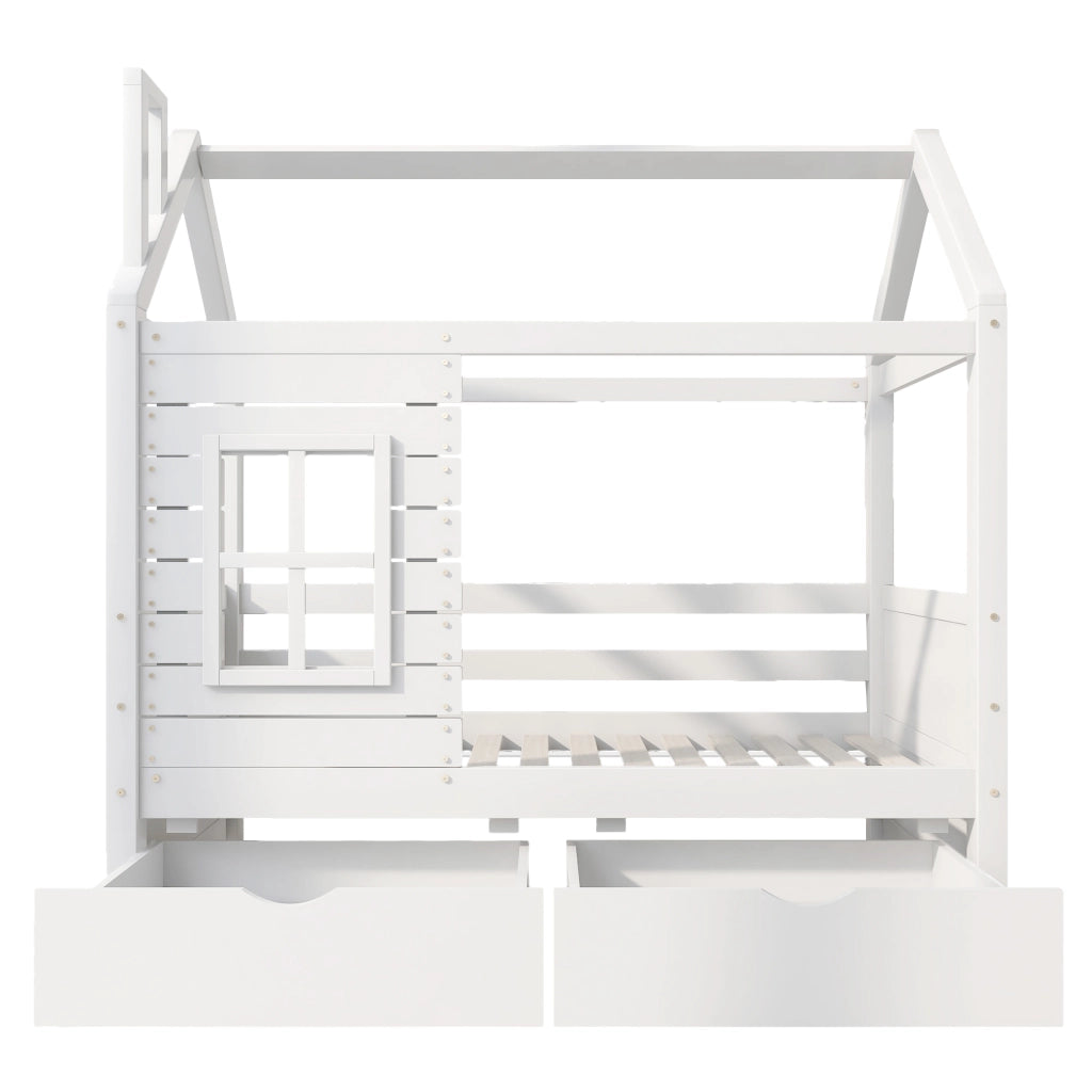 OKWISH Letto a Casetta 80×160 cm, Letto Singolo con Spondine, Finestra e 2 Cassetti, senza Materasso, in Pino, Bianco