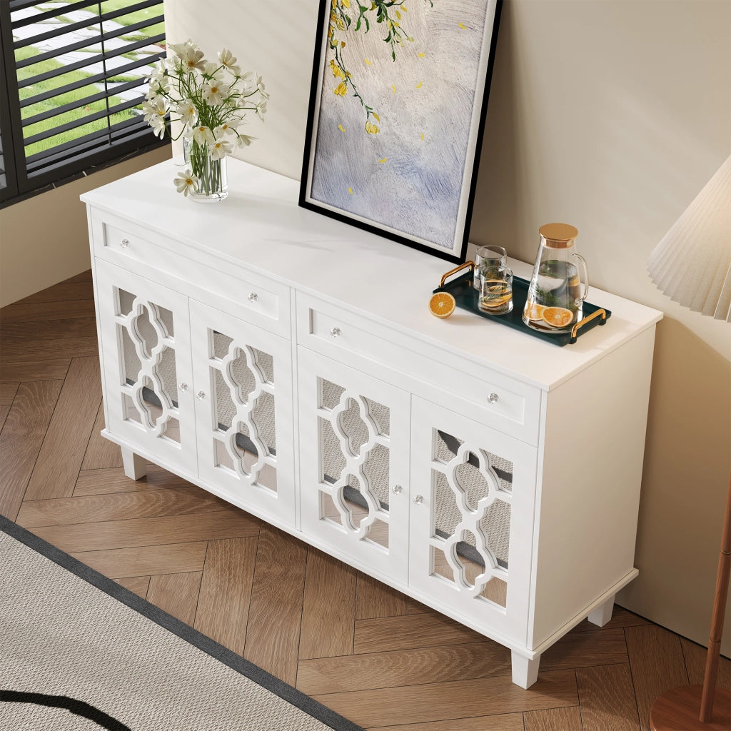 Credenza con quattro ante a specchio, due cassetti e ripiano regolabile in MDF bianco per soggiorno 140 × 40 × 83 cm
