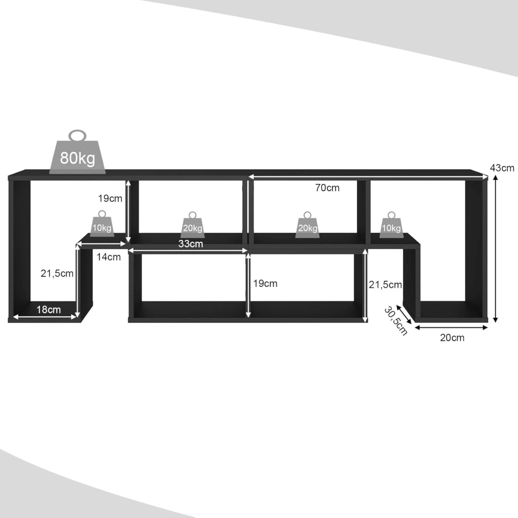 Mobile Porta TV Combinabile con Ripiani Aperti, per TV Fino a 65 Pollici, Mobile TV di Legno per Camera da Letto, Soggiorno, Capacità di Carico Massima 80 kg, 134-180 x 30 x 43 cm (Nero)