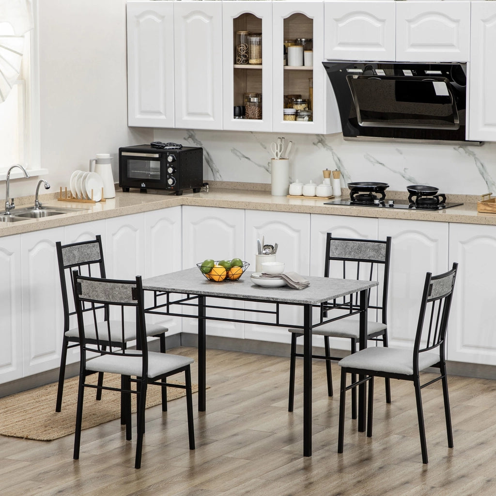Set da Pranzo Tavolo e 4 Sedie Seduta Imbottita in Metallo e MDF Grigio e Nero