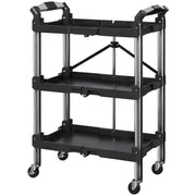 Carrello Portautensili Pieghevole 64x37x84 cm Nero a 3 Livelli con 4 Ruote e Portata 68 kg