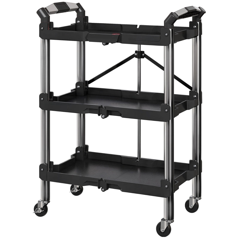 Carrello Portautensili Pieghevole 64x37x84 cm Nero a 3 Livelli con 4 Ruote e Portata 68 kg