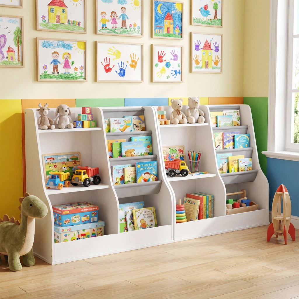 Libreria bambini organizzatore giocattoli legno 3 ripiani tasca tessuto-Libreria anti-ribaltamento sacca cubi stoccaggio sala giochi 80cm