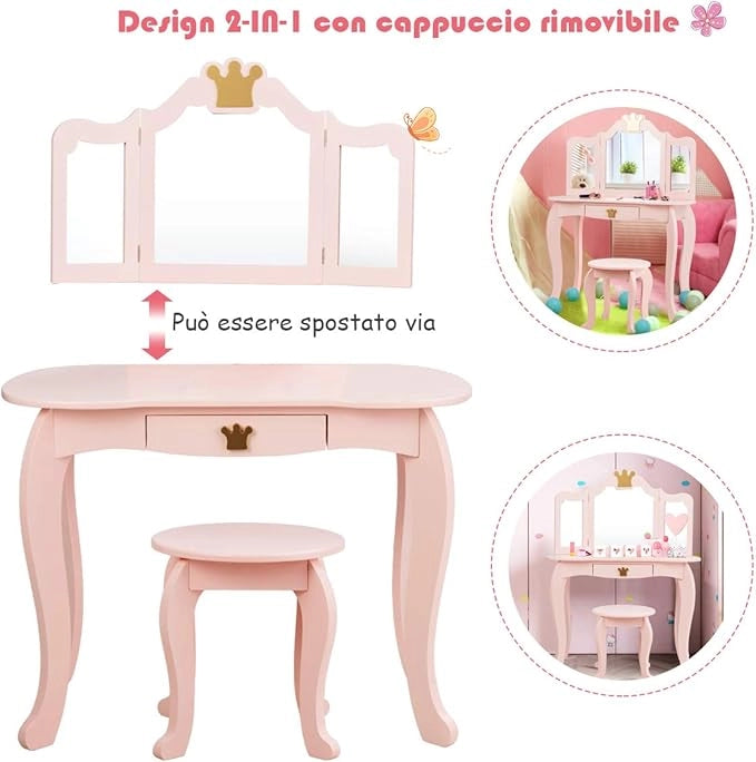 Toeletta Trucco per Bambina Staccabile, Specchiera per Ragazza in Legno con Sgabello e Cassetto, Postazione Trucco 2 in 1 per Cameretta e Cmera da Letto, 80x42x105cm (ROSA)