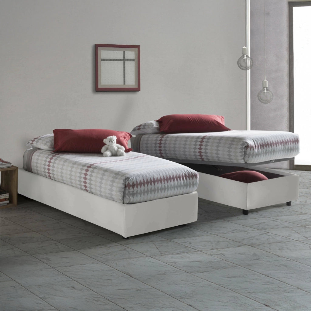 Letto singolo Nantine, Letto contenitore con rivestimento in ecopelle, Made in Italy, Apertura frontale, con materasso cm 90x190 incluso, Bianco