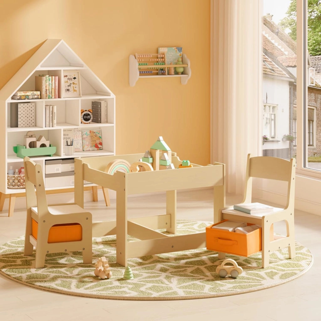 Set Mobili con Lavagna Contenitore Tavolo e Sedie per Bambini Soggiorno Tavolino con 2 Sgabelli in Legno