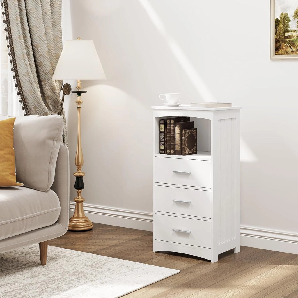 Mobile da Bagno Autoportante 3 Cassetti, Cassettiera con 1 Piano e 1 Scomparto a Giorno, Maniglie Argentate, per Ingresso, Soggiorno, Camera da Letto, in MDF, 40x26,5x80cm, Bianco
