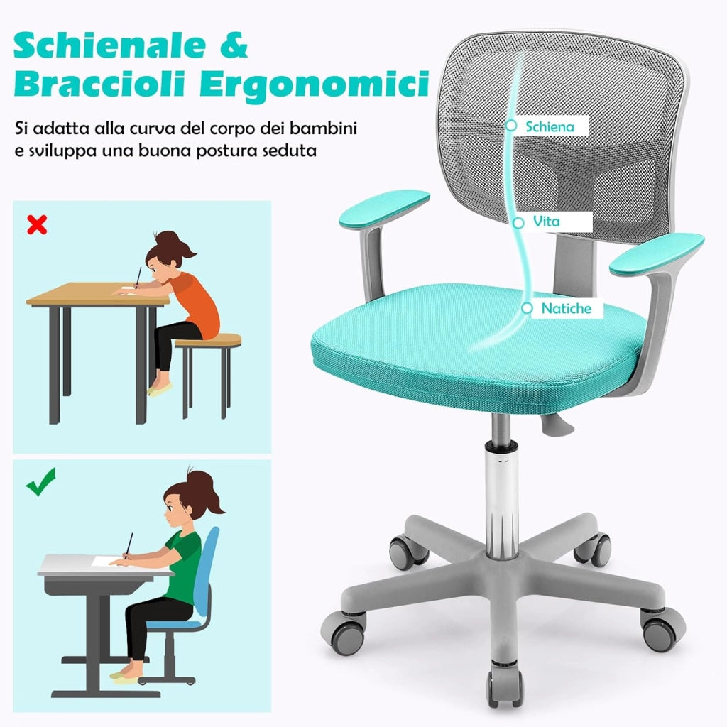 Sedia per Scrivania per Bambini, Sedia per Computer per Bambini con Altezza Regolabile, Ruote con Freni, Sedile Girevole a Rete, Sedia Ergonomica per Bambini 3-10 Anni (Menta verde)