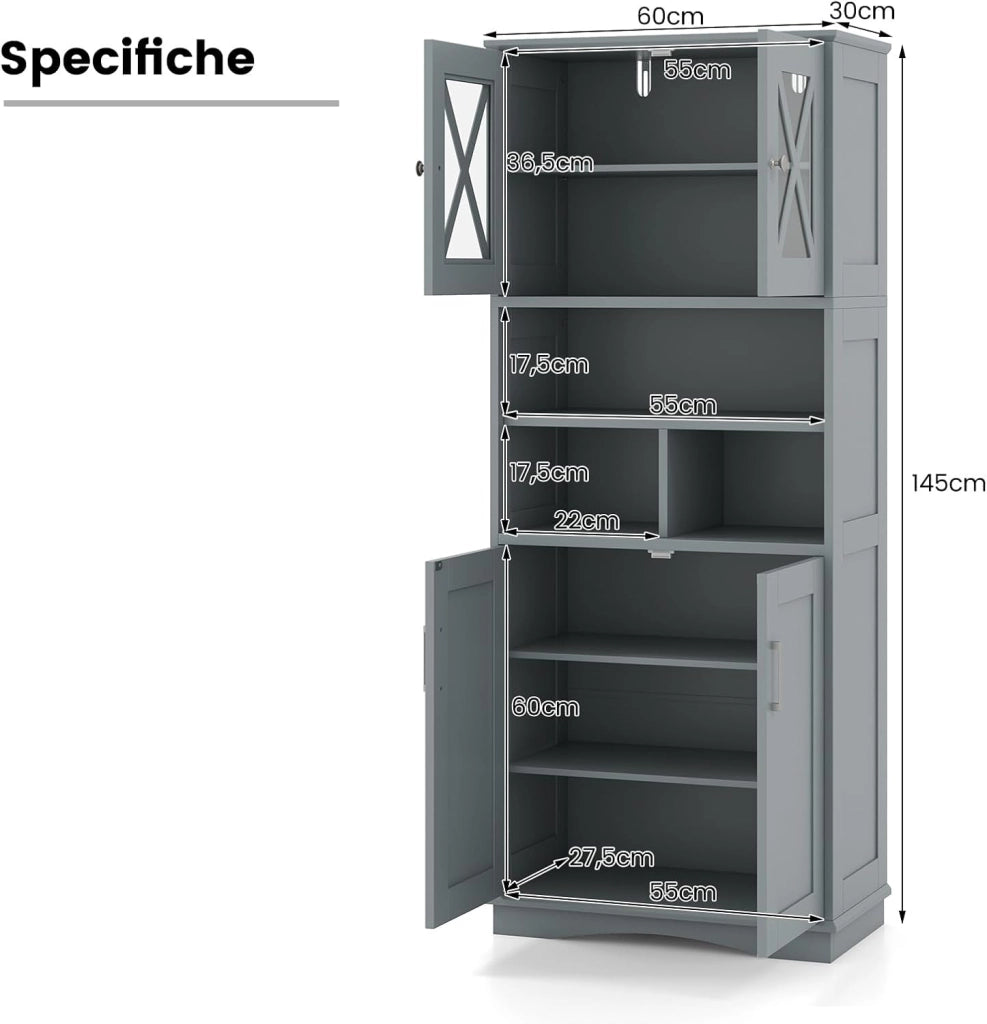 Mobile Bagno, Armadietto Salvaspazio con Porte in Acrilico, Ripiani Regolabili e Ampio Scomparto, Armadio da Terra in Legno per Soggiorno, Camera da Letto, Salotto e Cucina (Grigio)