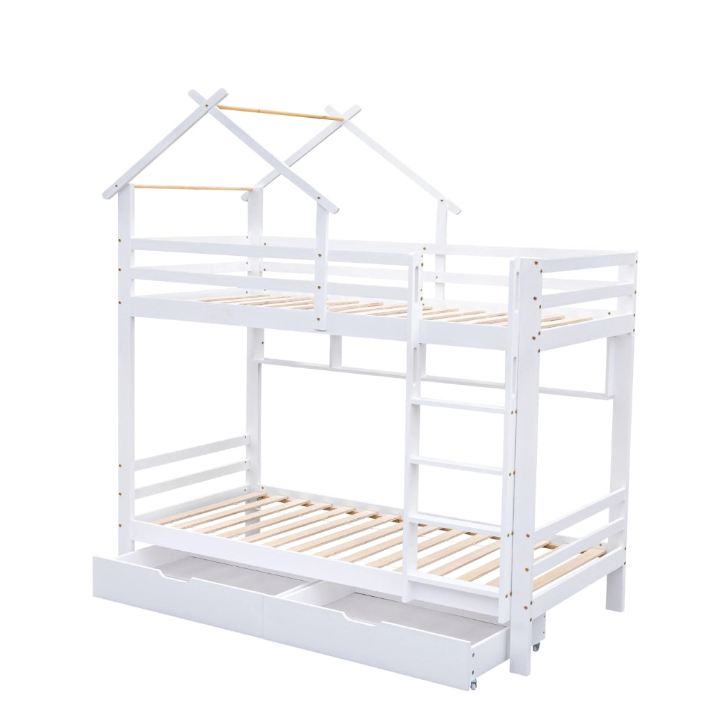Letto a Castello 90x200 cm con Cassetti; Mensole e Scala a tre gradini; Bianco