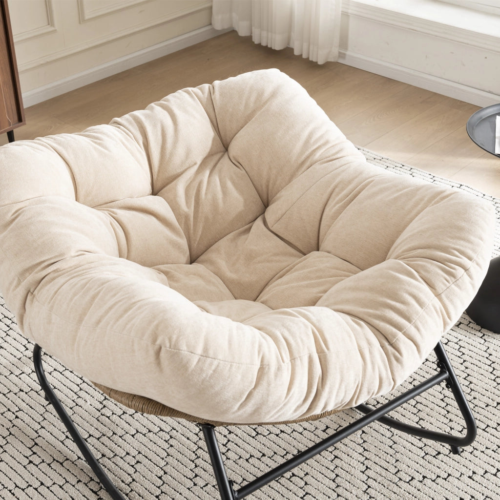 Poltrona a dondolo papasan in chenille con struttura ergonomica e supporto stabile beige 96 × 58 × 31 cm