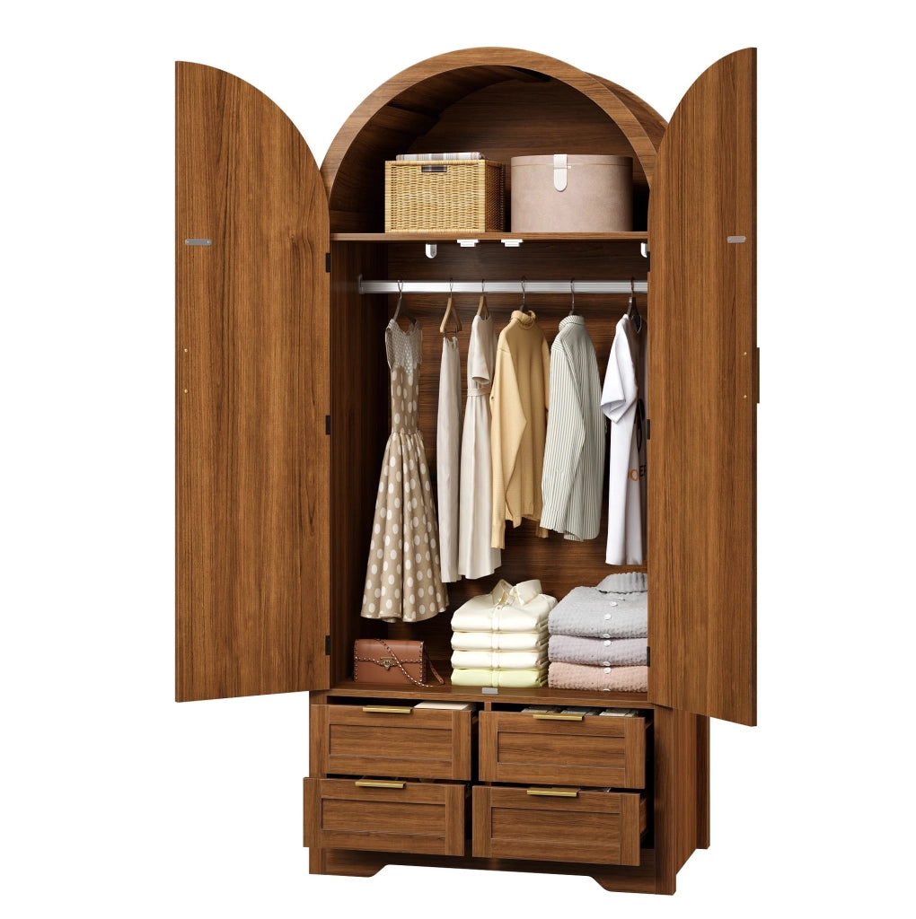 Armadio 80x50x179 cm con ante curve e pannelli in rattan; in MDF noce